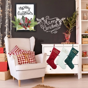 Three-piece velvet Christmas stockings in red white and green with Merry Christmas frame