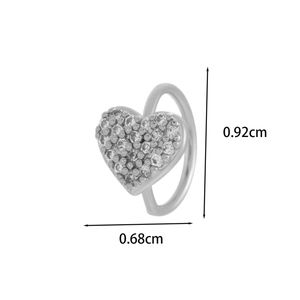 Detail view of a silver heart-shaped nose stud with clear zircon pavé and dimensions