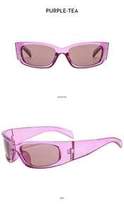 Detailed front and side views of Y2K purple tea sport sunglasses with transparent frames