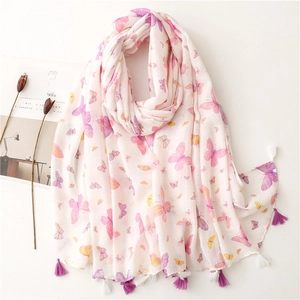 Elegant Long Scarf For Women Polyester Butterfly Print With Tassels Glitter Decoration Aesthetic Shawl Wrap