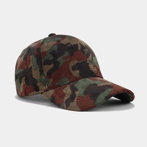 Side view of camouflage corduroy baseball cap with curved brim and 6-panel structure