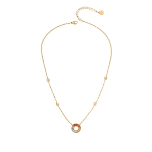 Golden stainless steel necklace featuring a colorful zircon flower pendant with lobster clasp