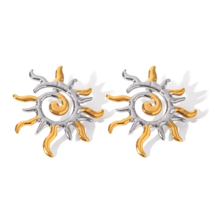 Detailed macro view of two-tone sun flame screw back earrings in gold and silver finish