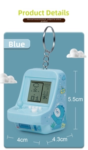 Blue mini arcade game keychain with 4x4.3x5.5cm size and classic screen display