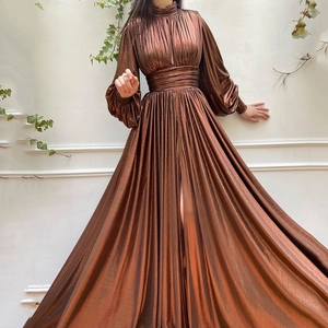 Elegant Metallic Pleated Maxi Evening Dress High Neck Hollow Out Long Lantern Sleeve High Slit Party Gown For Women