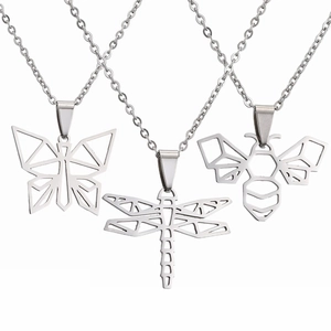 Hollow Origami Animal Pendant Necklace Stainless Steel Geometric Bee Butterfly Dragonfly Hummingbird Charm Fashion Jewelry