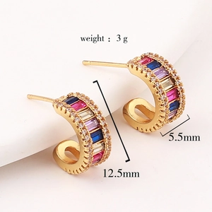 Golden C-shaped hoop earrings with multi-colored pavé zircons and 12.5mm diameter