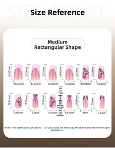 Size chart for long square press-on nails with purple gradient floral 3D design