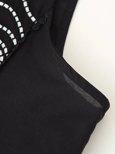 Women's 2025 summer sleeveless black shirt featuring contrast white embroidery and trim