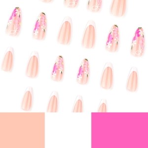 French tip almond press-on nails with colorful flower petals and bow designs