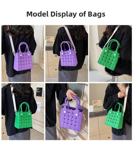 Detail showing woven texture EVA square bags in purple and green with wide straps