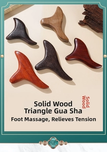 Detailed close-up of five wooden triangle massagers showing natural grain and textures