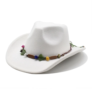 White wool felt cowboy hat with bohemian colorful beaded band and wide brim design