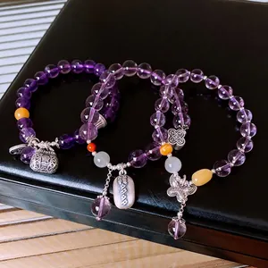 Elegant S925 silver amethyst beaded bracelets with traditional Chinese lucky charms