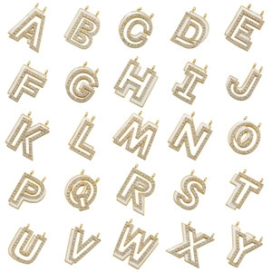 Grid view of gold enamel letter pendants with white finish and sparkling rhinestones