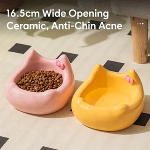 Ceramic Cat Bowl Cute Cat Ear Shaped Pet Food Water Dish Tilted Neck Protection For Cats And Small Dogs With Pink Bow