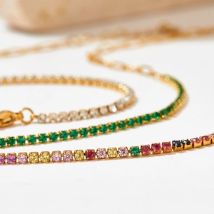 Gold plated stainless steel tennis bracelet with colorful square cubic zirconia stones