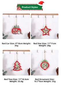 Set of four red and white wooden Christmas ornaments with festive cutout patterns