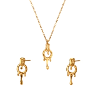Minimalist 18K gold plated stainless steel jewelry set with fluid lava drop pendant and studs