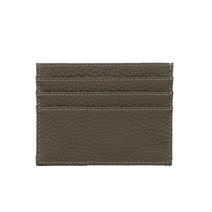 Detail of taupe lychee grain leather card holder with precise stitching and four card slots