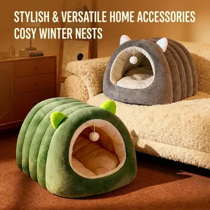 Warm tunnel pet bed for cats and small dogs in grey and green plush flannel