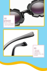 Detail of flower sunglasses showing comfortable integrated nose pads and curved temples