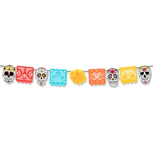 Striscione Giorno dei Morti con teschi colorati, calendule e bandiere papel picado