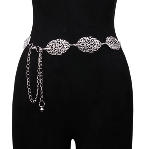 Elegant silver metal leaf waist chain belt for dresses with adjustable small bell pendant