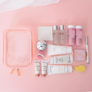 Pink transparent PVC makeup bag with dual compartments for dry and wet separation