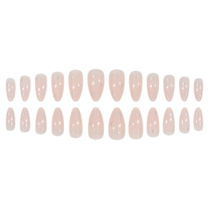 Short almond press-on nails in nude pink with silver star designs for women