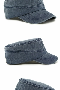Detailed views of washed blue denim cadet hat with reinforced stitching and vintage texture