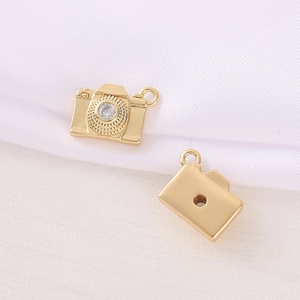 Golden camera pendant with cubic zirconia inlay for DIY necklace and earring making
