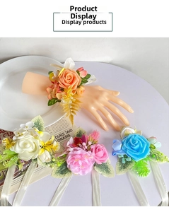 Detail showing artificial rose wrist corsages in four colors with satin ribbon ties