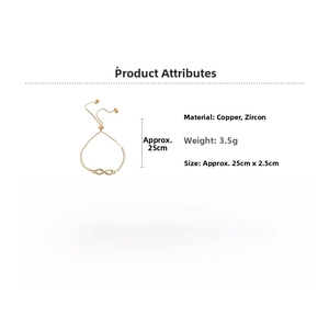 Detailed view of infinity symbol bracelet with cubic zirconia in gold plated copper
