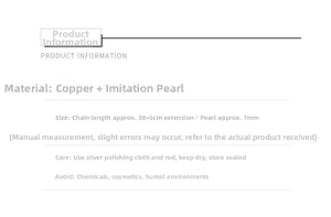Detailed sizing and copper material specs for the 7mm faux pearl necklace with extension