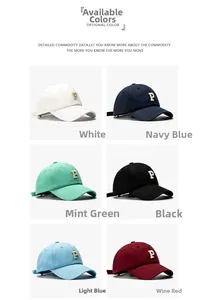 Detailed grid of baseball caps featuring thick embroidered P patches in six vibrant colors