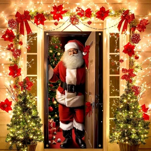 Christmas Door Cover Banner Polyester Santa Claus Glasses Door Decoration Outdoor Garden Yard Holiday Hanging