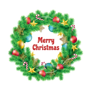 Christmas wreath wall sticker with colorful ornaments and Merry Christmas text decor