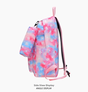 Detail view of pink and blue nebula star print backpack and pencil case set