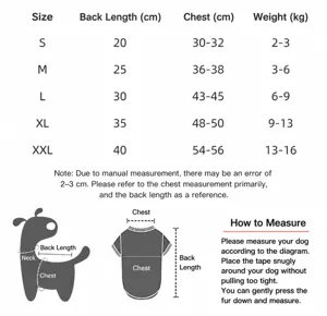 Size chart for pet thermal four-leg clothes with back length and chest measurements