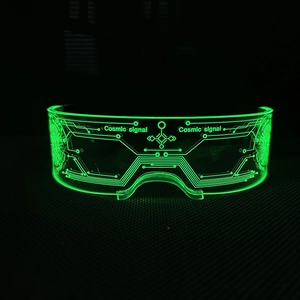 Detail of green LED cyberpunk glasses with cosmic signal circuit board patterns