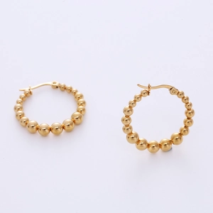 French minimalist 18K gold plated stainless steel 20mm beaded hoop earrings on white background