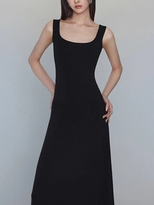 Elegant black sleeveless slim fit maxi dress with round neck in minimalist style