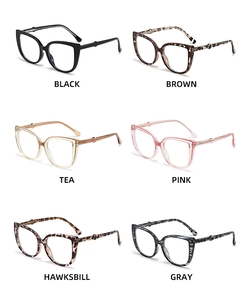 Detailed cat-eye glasses frame colors including classic black, tortoise and pink textures