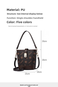 Detailed size parameters of brown monogram PU leather bucket bag with golden lock