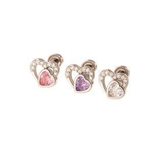 Three titanium steel heart earrings with pink, purple, and white zircon screw back studs