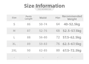 Detailed size chart for high waist yoga pants including length waist and hip measurements
