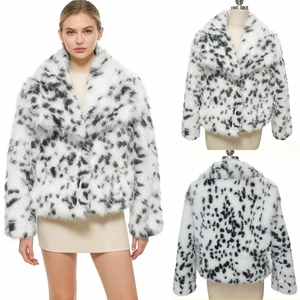 Short leopard print faux fur coat for women with classic black and white spots and lapel