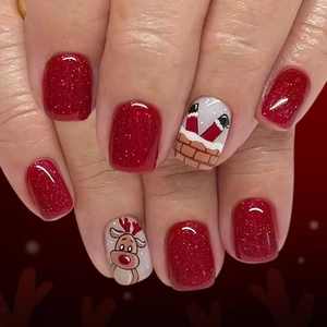 Christmas Red Glitter Press On Nails Glossy Cartoon Elk Santa Claus Design Fake Nails For Women Holiday Sweet Style