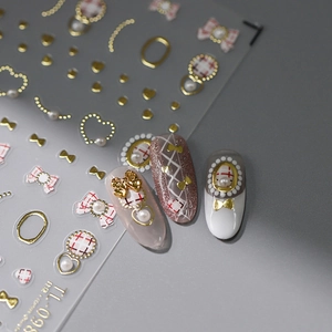 3D embossed nail art stickers TL-098 featuring gold bows pearls and plaid patterns